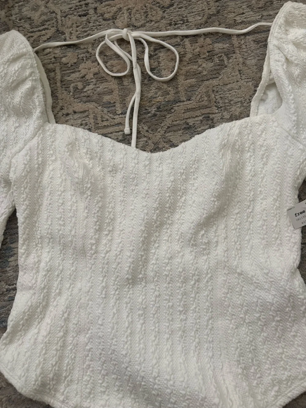 NWT Free People Brittany Ivory Puff-Sleeve Tie-Back Blouse Size Large